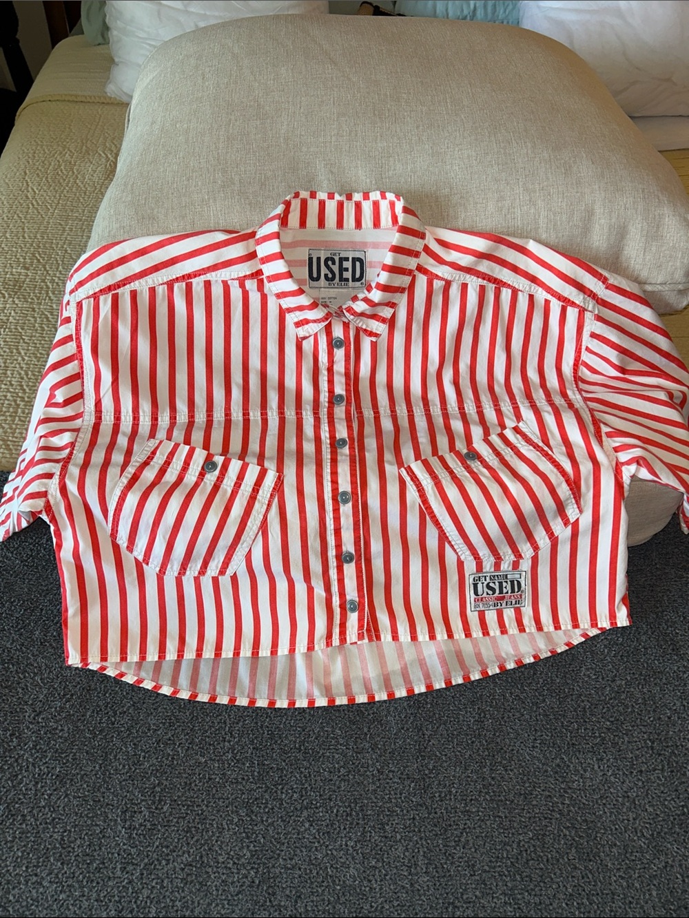 Rare Vintage 90’s Get Used by Elie Red & White Striped Cropped Button-Front Top